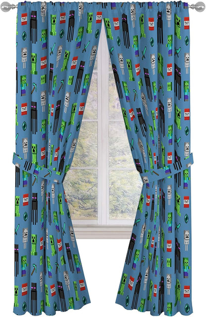 Jay Franco Kids Window Drapes - 4 Piece Curtain Set Includes 2 Tiebacks, Beautiful Bedding Room Décor and Easy Set Up, Blue - Minecraft, 84 Inch