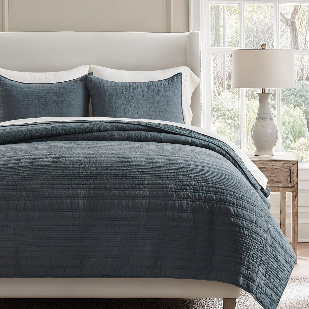 EVERGRACEHOME 100% Cotton Modern Lines Quilt Set King Size, Stone Taupe