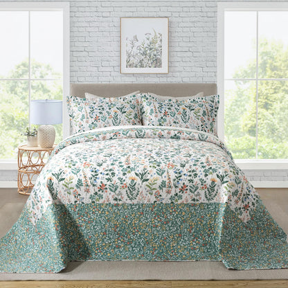 Travan 3-Piece Quilt Set Quilted Bedspread Lightweight Coverlet Set Garden Style Floral Printed Oversized Quilted Bedding Set with Shams for All Season, Exquisite, King Size