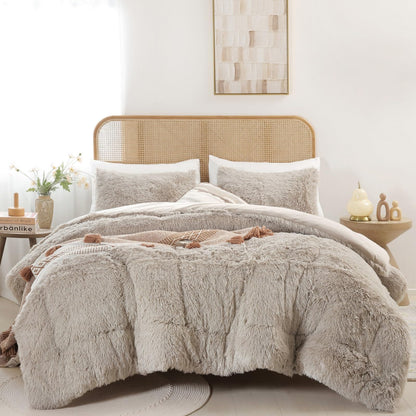 Smoofy Fluffy Queen Comforter Set, Faux Fur Pink Comforter Set 3 Pcs