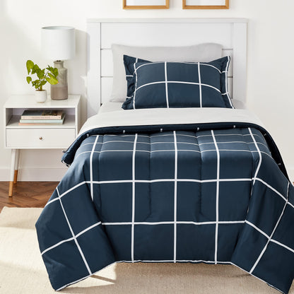Amazon Basics 5-Piece Lightweight Microfiber Comforter Set with Sheets, Bed-in-a-Bag, Gray Calvin Striped Bedding, Twin/Twin XL