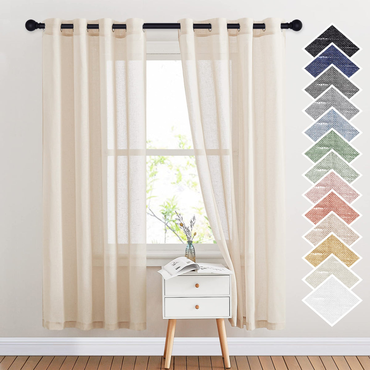NICETOWN Semi Sheer Linen Ivory Curtains for Bedroom, W52xL84, 2 Panels
