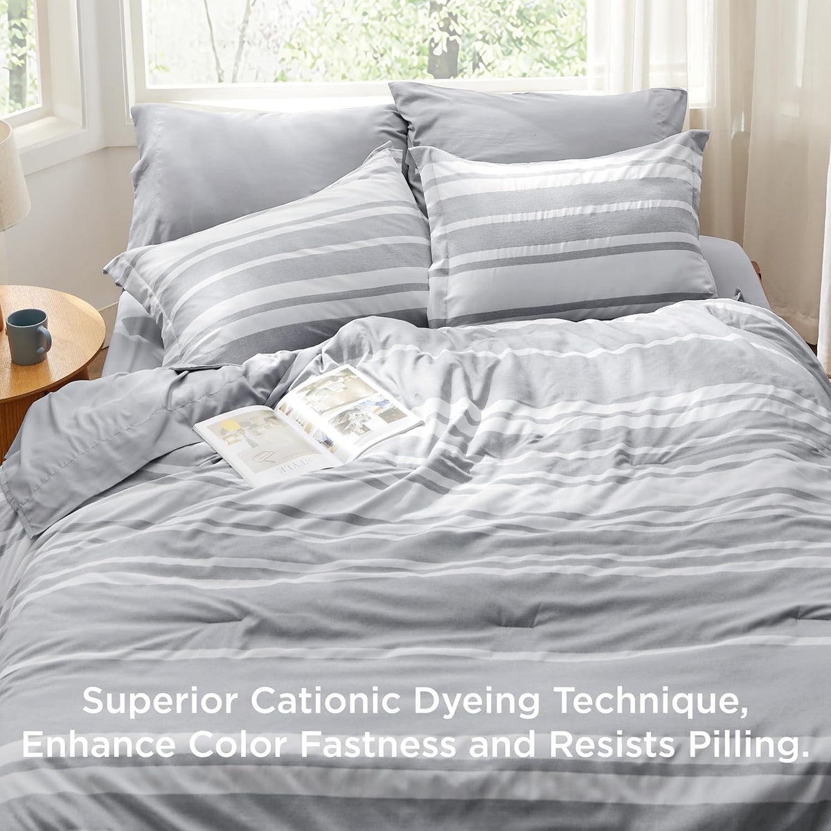 Bedsure Full Comforter Set 7 Pc, Grey Striped, Reversible, All-Season