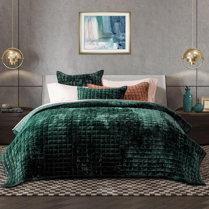 RECYCO Channel Box Stitch Velvet Quilt Set, King Size, Beige