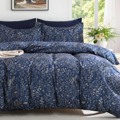 MUXHOMO Duvet Cover King Size, 3-Piece Floral Grey-Blue Bedding Set