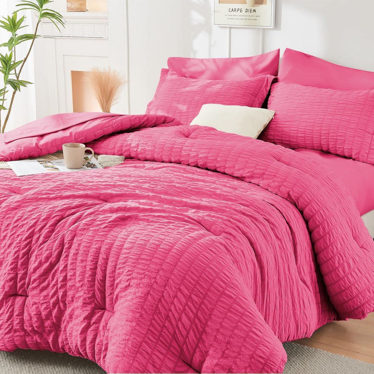 Queen Comforter Set - 7PCS Bed in a Bag, Seersucker Bedding Set, Dark Grey