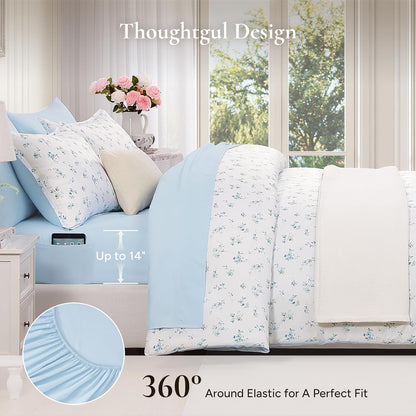 Andency Floral Full Comforter Set, 7 Pieces Cute Blue Coquette Bedding