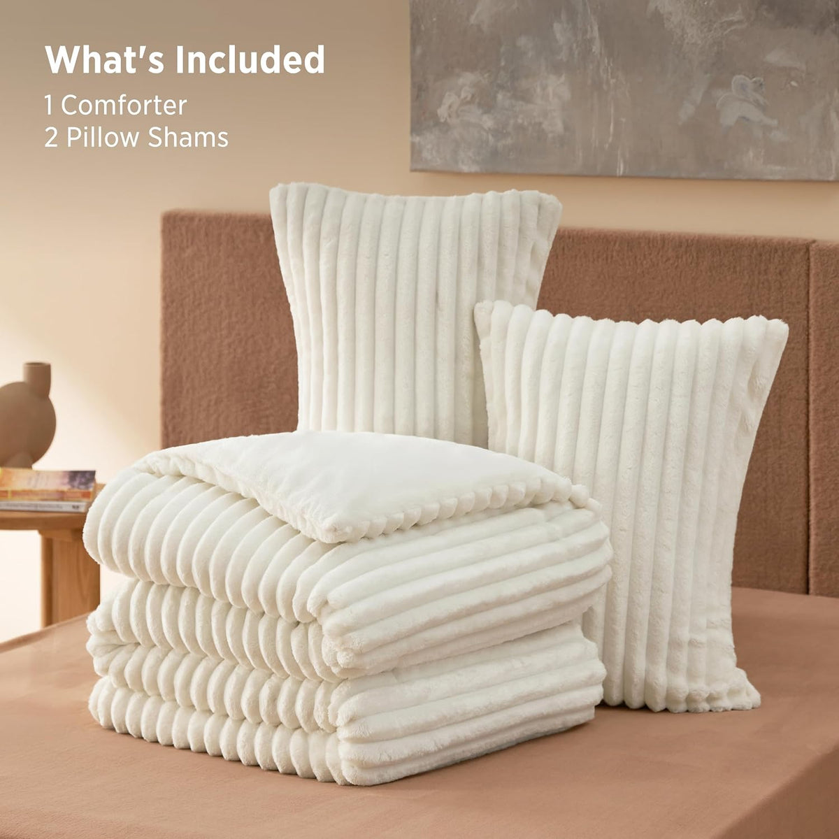 Bedsure Large Queen Fluffy Comforter Set, Cozy Fleece Cream White Bedding