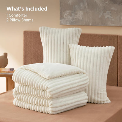 Bedsure Large Queen Fluffy Comforter Set, Cozy Fleece Cream White Bedding