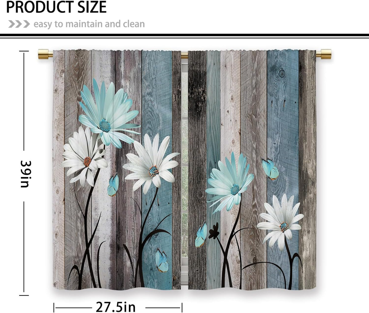 Teal Farmhouse Daisy Kitchen Curtains Wooden Flower Small Short Cafe Window Curtains Rustic Floral Butterfly Country Bathroom Drapes Treatment Tier Curtains 2 Panels (27.5x39 Inch)