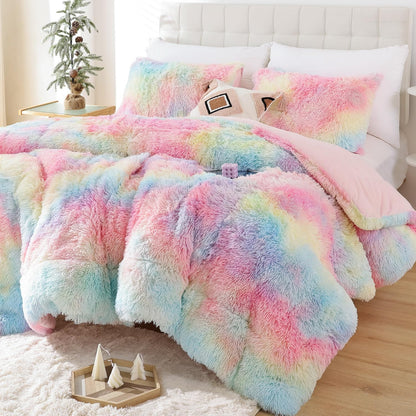 Smoofy Fluffy Queen Comforter Set, Faux Fur Pink Comforter Set 3 Pcs