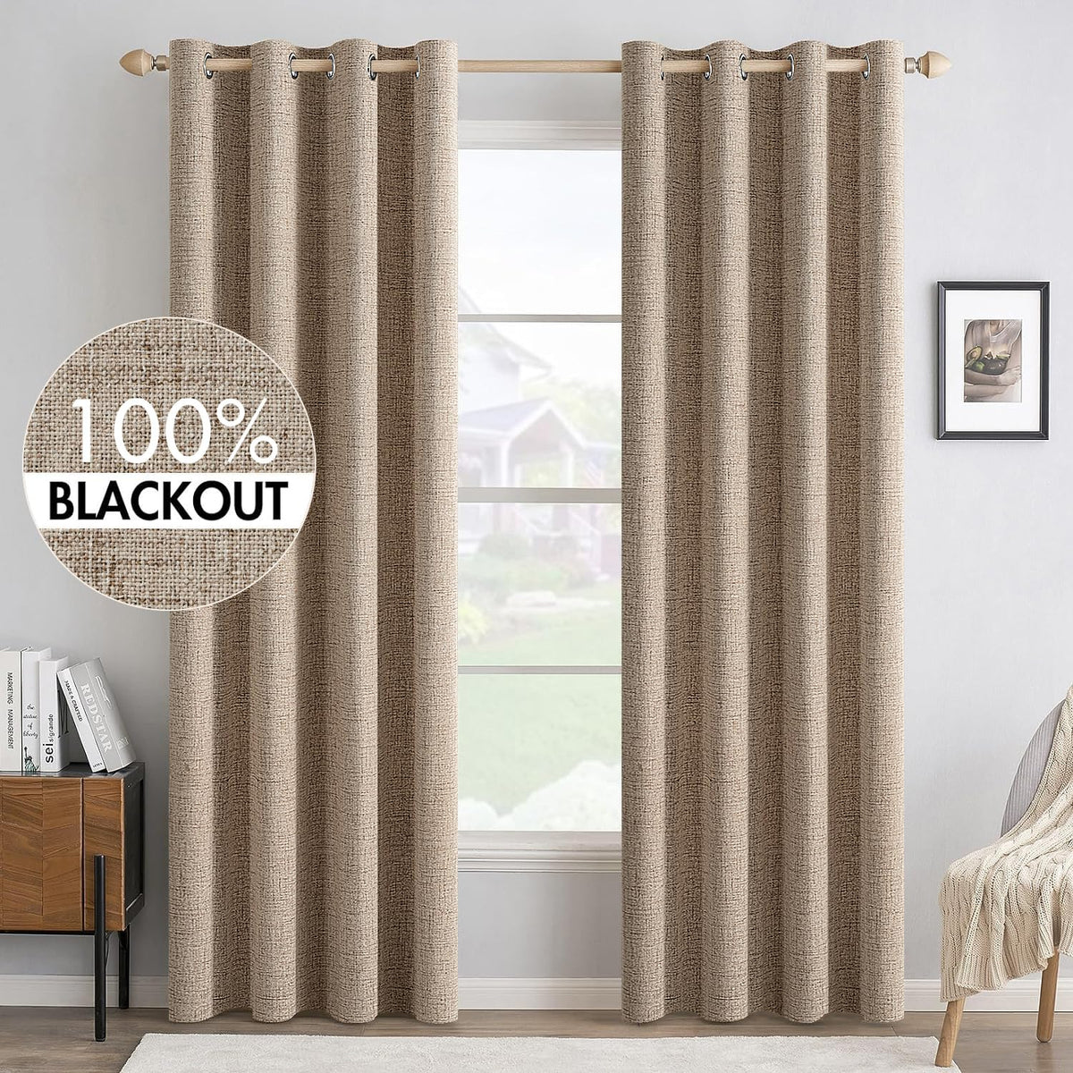 MIULEE 100% Blackout Linen Curtains for Bedroom 52x90 Inches Natural Beige