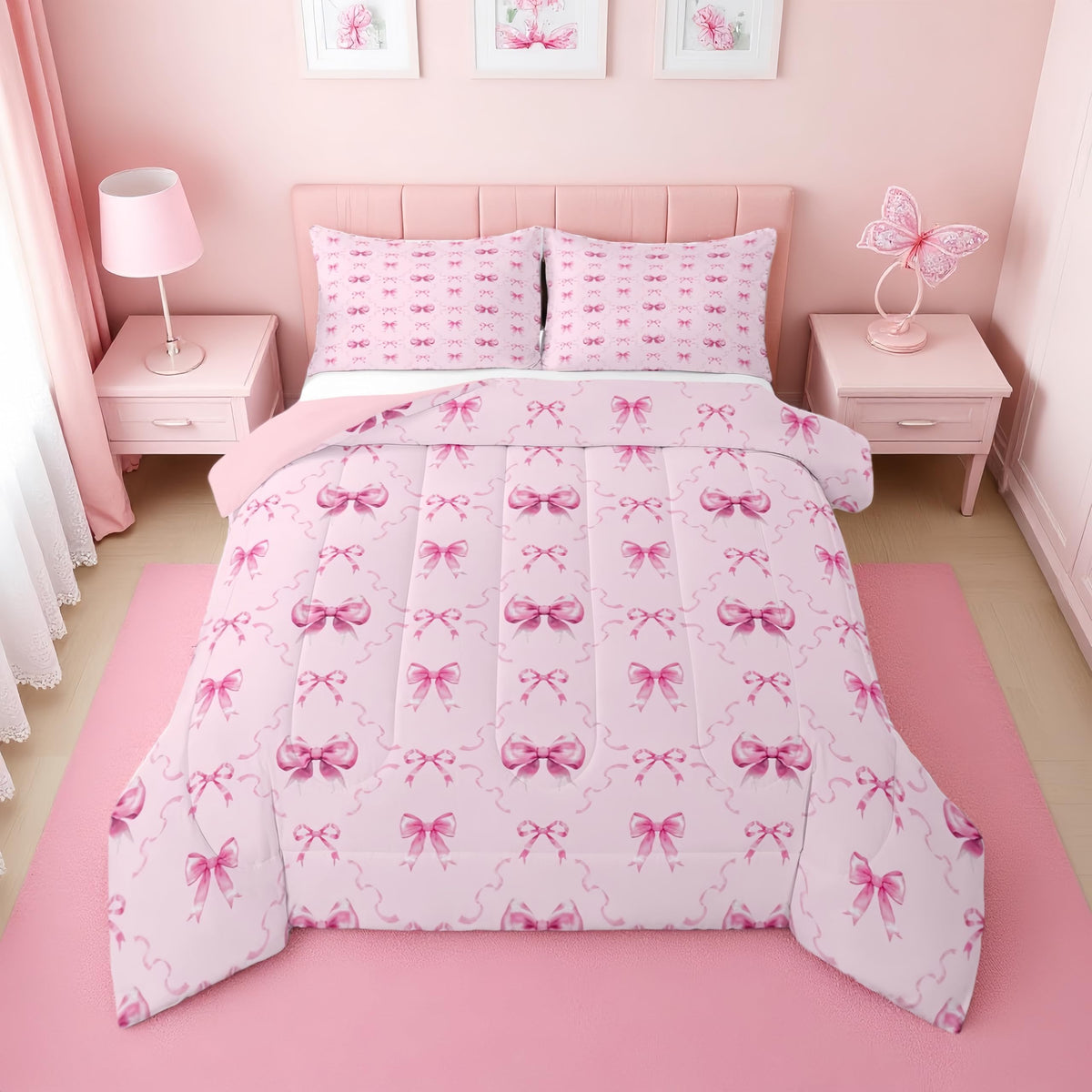 Erosebridal Cute Pink Bow Twin Bedding Set for Girls,Ribbon Bow Knot Comforter Set for Kids Kawaii Room Decor,Princess Bowknot Bed Set Girly Pink Bows Bedding Comforter Sets,1 Pillowcase