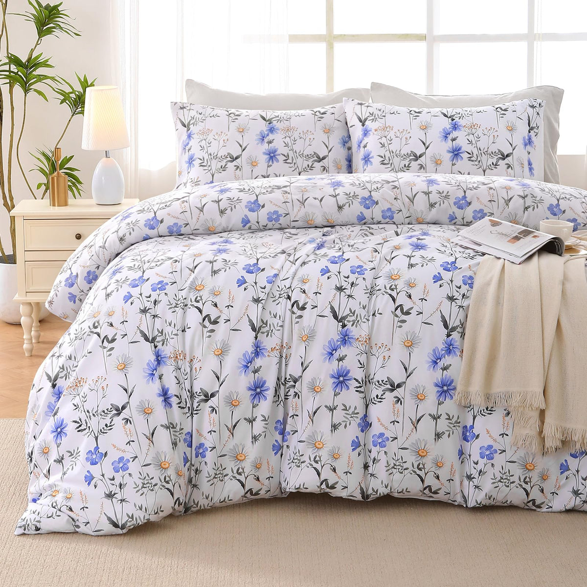 MUXHOMO Queen Comforter Set, 7-Piece Floral Bed in a Bag, Sage Green
