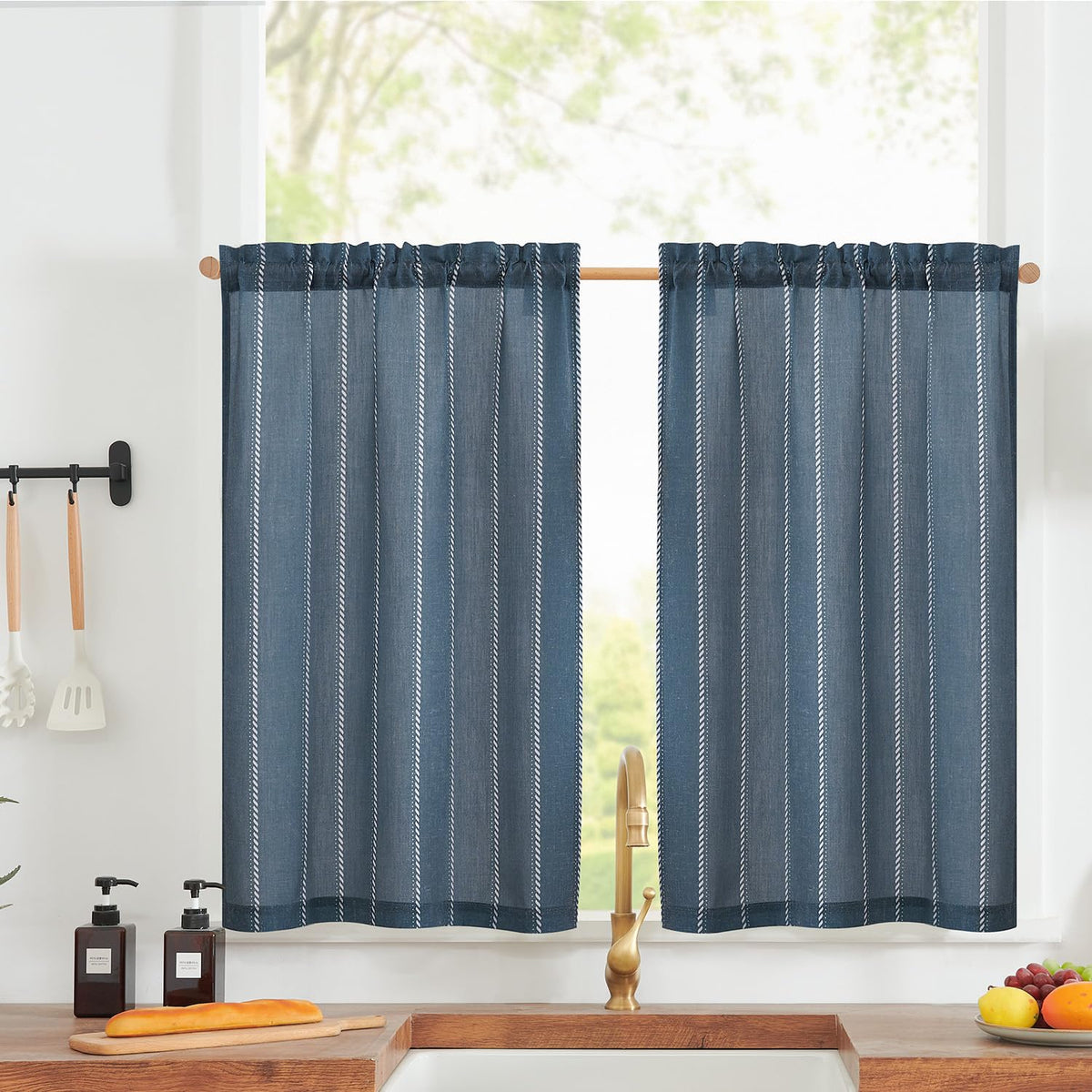 jinchan Linen Striped Tier Curtains for Kitchen Windows Green 26 x 24 inch
