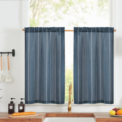 jinchan Linen Striped Tier Curtains for Kitchen Windows Green 26 x 24 inch