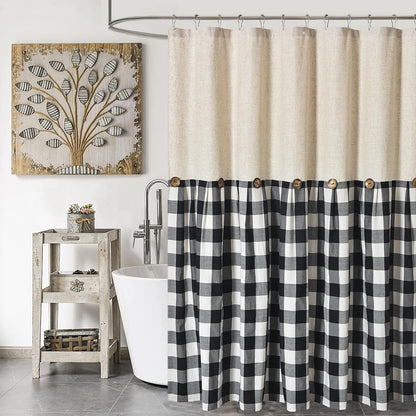 DOSLY IDÉES Farmhouse Shower Curtain,Beige and Gray Stripe,Button Curtain,Linen and Cotton Woven Fabric,Rustic Charm Country Chic Style,72x72 in