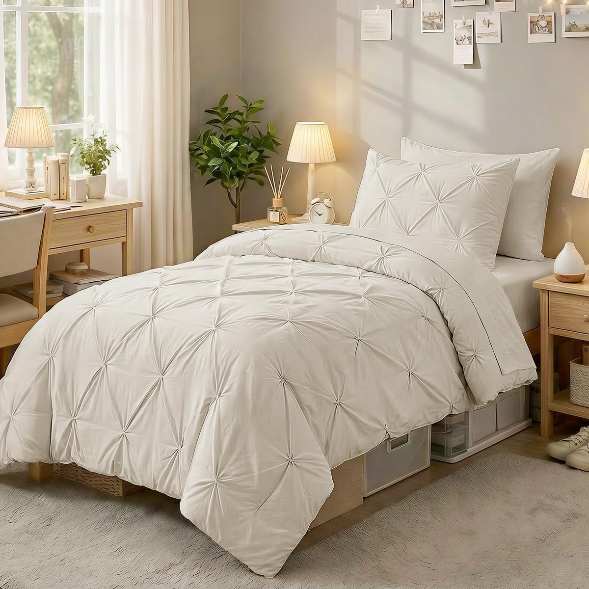 Sasttie Full Size Comforter Set, 7-Piece Bed in a Bag Double, Pintuck Bedding Set for All Season, Includes Comforter, Flat Sheet, Fitted Sheet, Pillowcases and Pillowshams, Beige