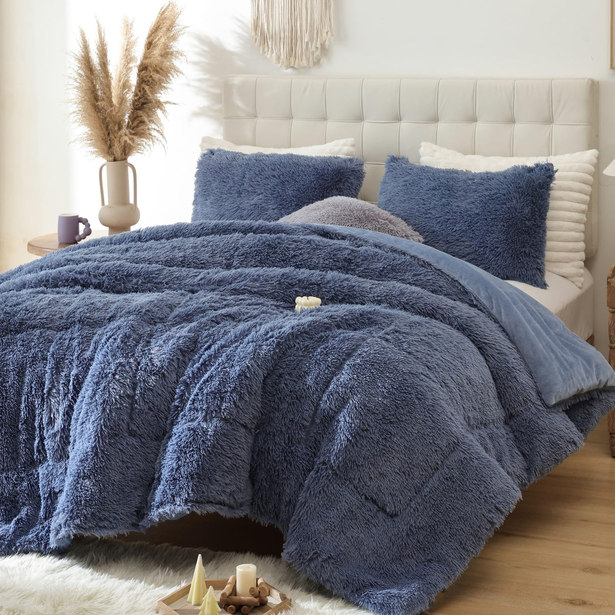 Smoofy Fluffy Queen Comforter Set, Faux Fur Pink Comforter Set 3 Pcs