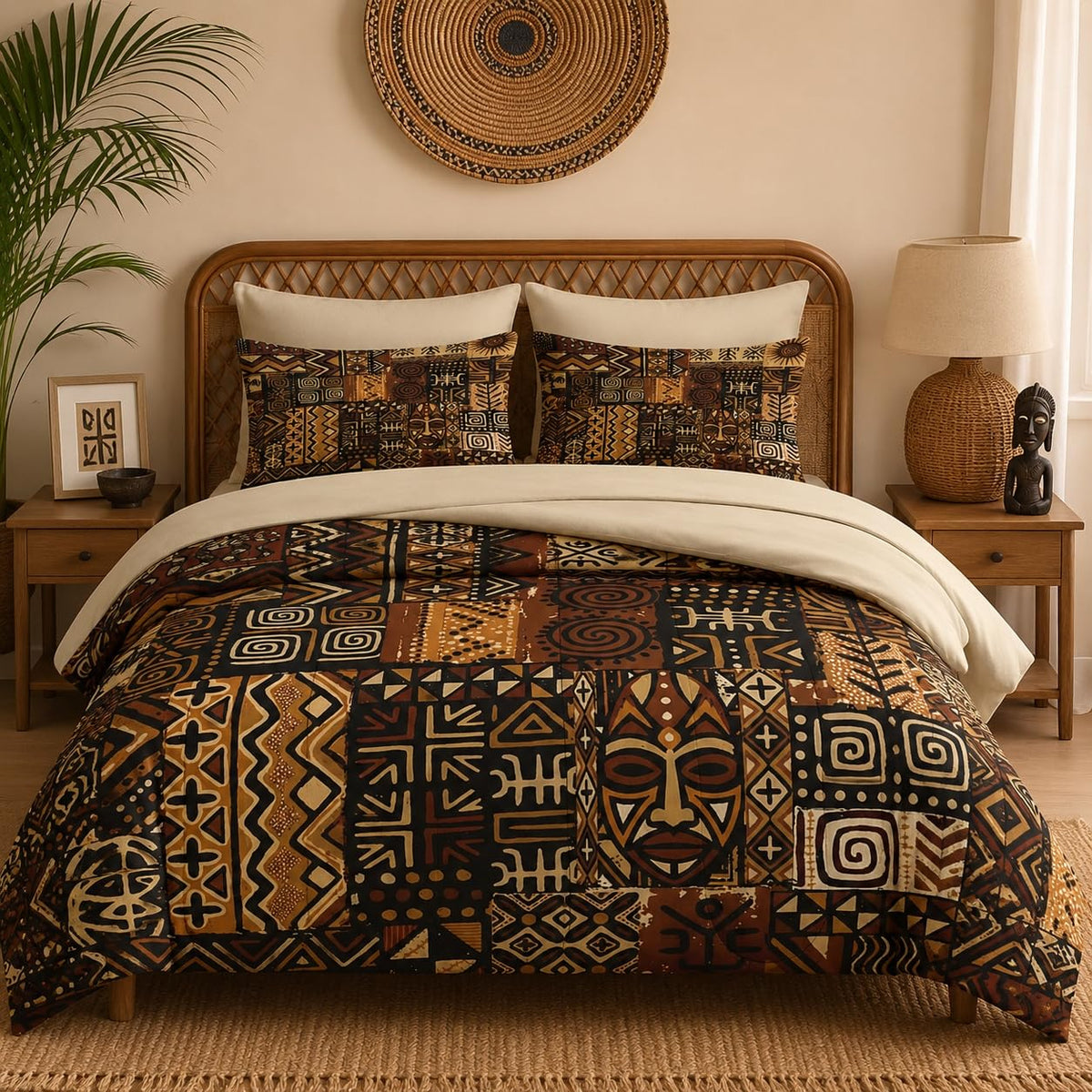 Pamnest Queen Comforter Set with Sheets, 7 Pieces Vintage Tribal Bedding