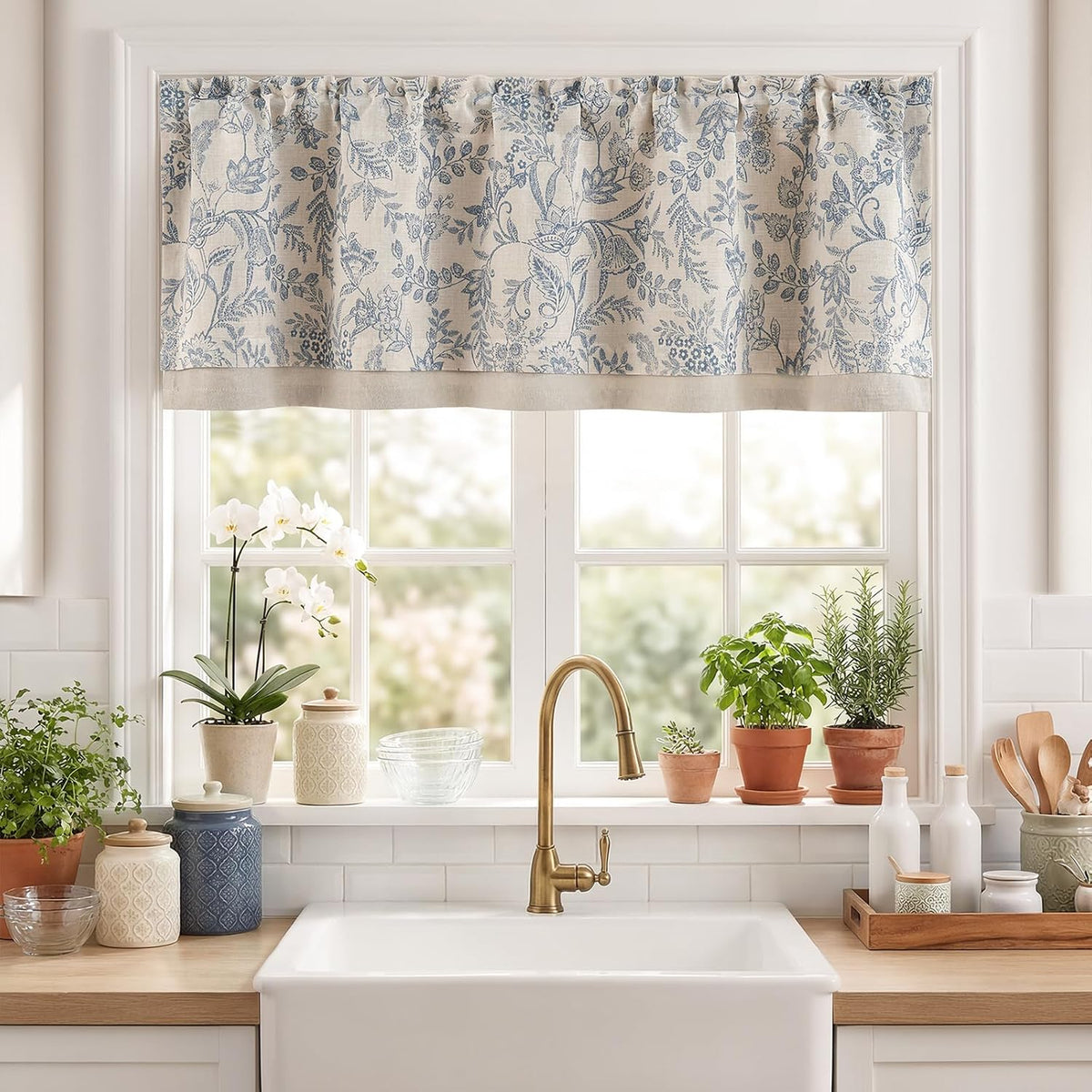 jinchan Linen Valance Curtain Farmhouse 16 Inch 1 Panel Blue on Beige