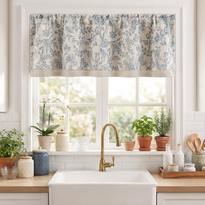 jinchan Linen Valance Curtain Farmhouse 16 Inch 1 Panel Blue on Beige
