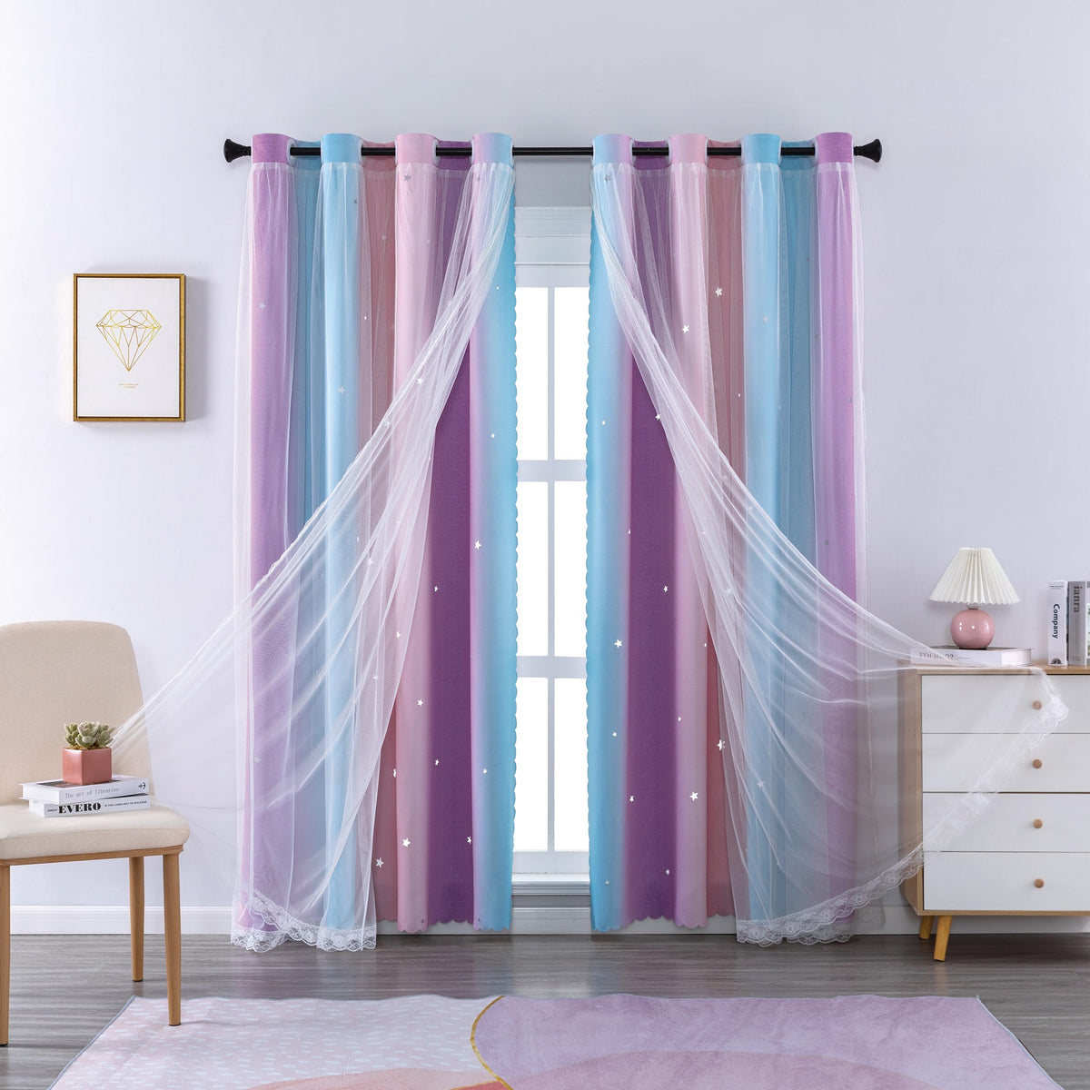XiDi Curtains for Girls Bedroom Decor, Rainbow Blackout Curtains for Kids/Little Girl Room Decor, Unicorn Wall Decals,Pink Purple Green,63 x 34 inches,1 Panel
