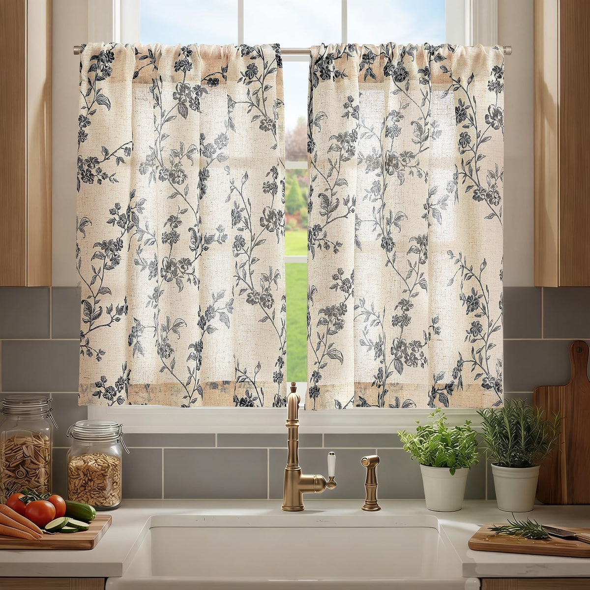 jinchan Floral Linen Kitchen Tier Curtains, 24 Inch, 2 Panels, Green