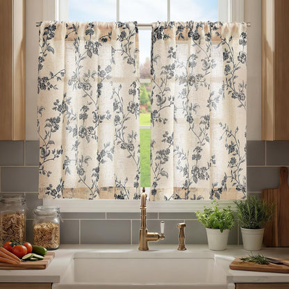 jinchan Floral Linen Kitchen Tier Curtains, 24 Inch, 2 Panels, Green