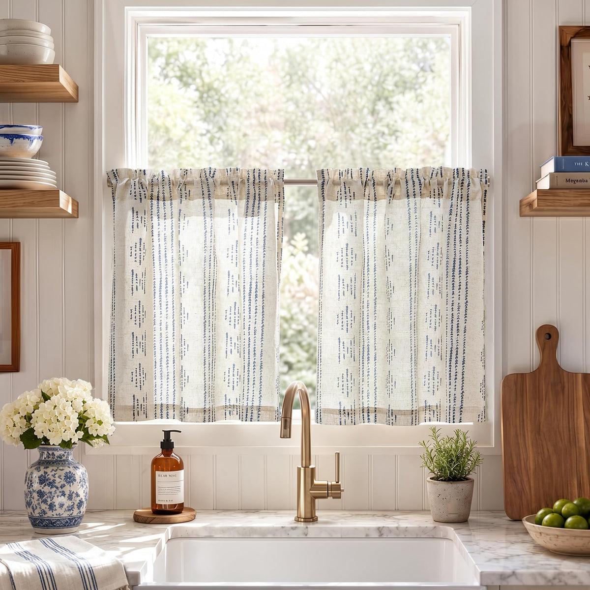 jinchan Linen Striped Tier Curtains for Kitchen Windows Green 26 x 24 inch