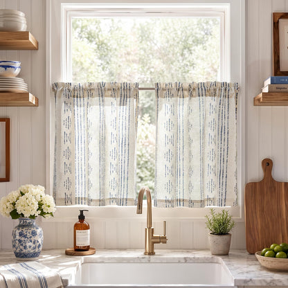 jinchan Linen Striped Tier Curtains for Kitchen Windows Green 26 x 24 inch