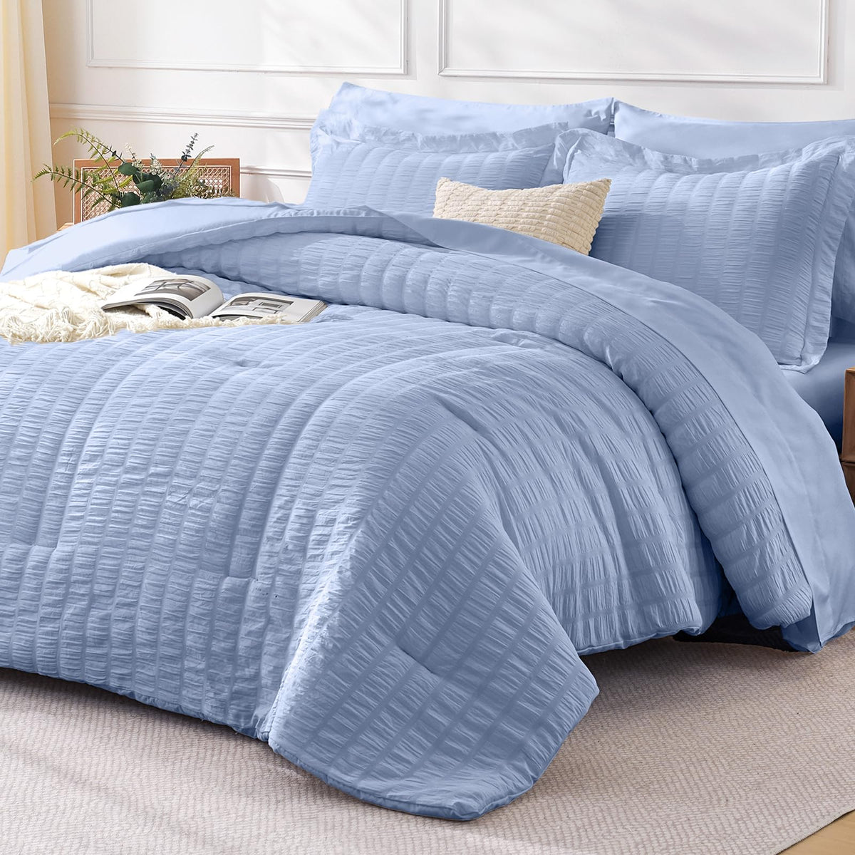 FreshCulture Comforter Set Seersucker 7 Pieces, All Season Bedding Set Queen, Bed in a Bag Comforter Set with 1 Comforter, 1 Flat Sheet, 1 Fitted Sheet, 2 Pillowcases and 2 Pillow Shams, Dark Grey