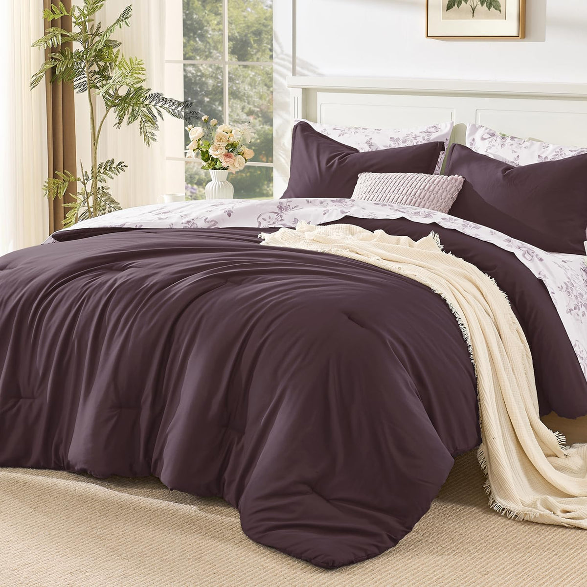 Litanika Floral Queen Comforter Set, 7 Peices Olive Green Bed in a Bag