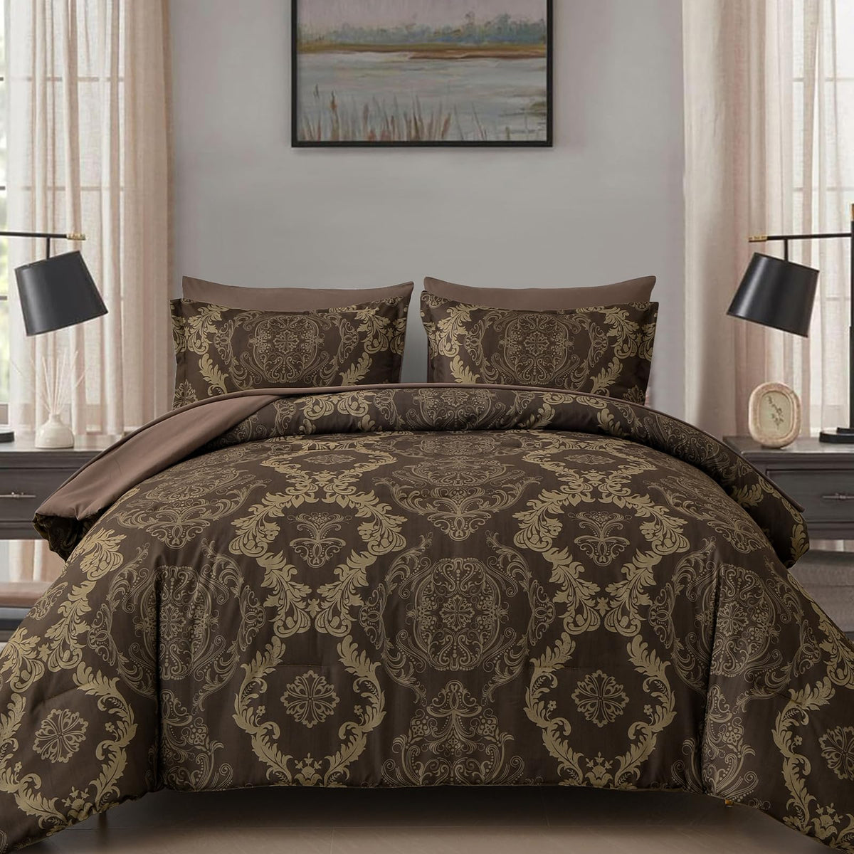 WONGS BEDDING Black Comforter Set Queen Size, Gold Damask Texture 7 Pieces Bed in a Bag Microfiber Comforter Bedding Sets -1 Comforter, 1 Flat Sheet, 1 Fitted Sheet, 2 Pillow Shams, 2 Pillowcases