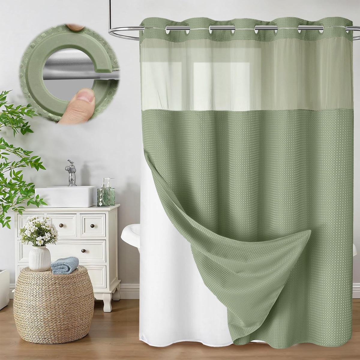 No Hook Shower Curtain with Liner Set Hotel Waffle Burgundy 72W X 75L