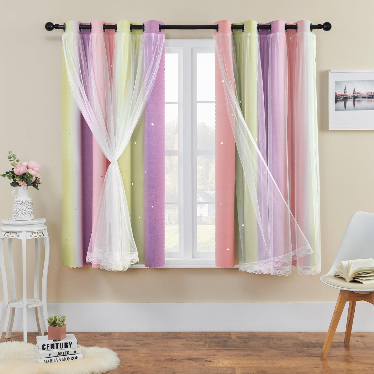 XiDi Curtains for Girls Bedroom Decor, Rainbow Blackout Curtains for Kids/Little Girl Room Decor, Unicorn Wall Decals,Pink Purple Green,63 x 34 inches,1 Panel