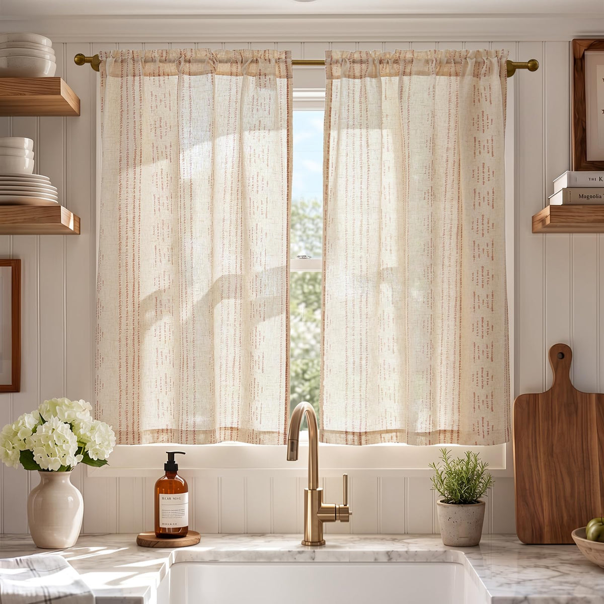 jinchan Linen Striped Tier Curtains for Kitchen Windows Green 26 x 24 inch