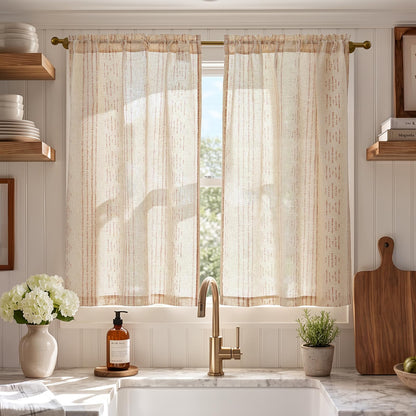 jinchan Linen Striped Tier Curtains for Kitchen Windows Green 26 x 24 inch