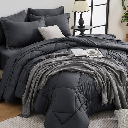 HEVUMYI 7-Piece Full Comforter Set, Dark Grey Bed in a Bag