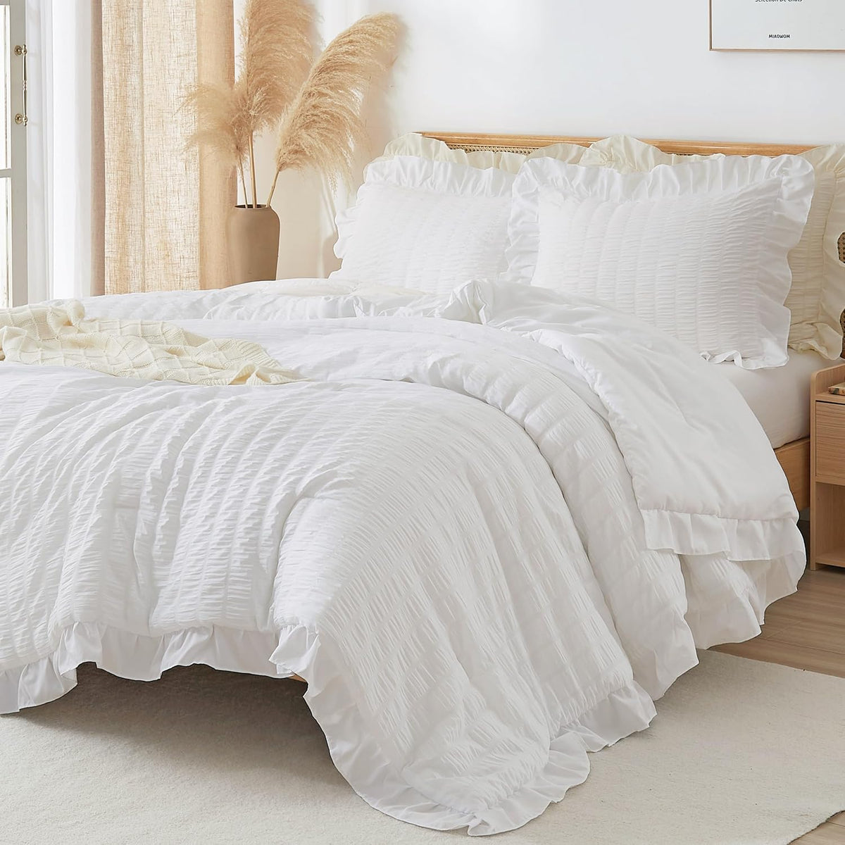 Ruffle Seersucker Queen Szie Comforter Set, Shabby Chic Bedding