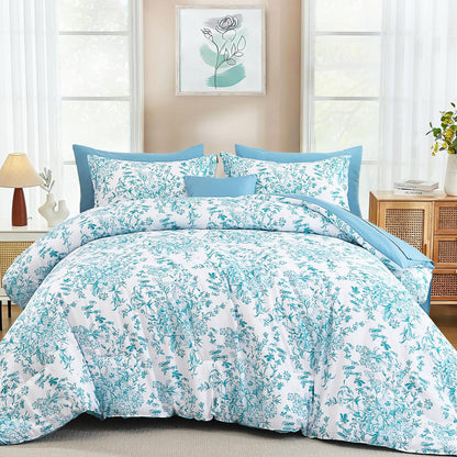 WONGS BEDDING 8 Pieces Queen Size Comforter Set Green, Sage Green Floral Bed in a Bag Comforter Sets, Soft Reversible Botanical Flowers Bedding Sets for All Season (90"x90")
