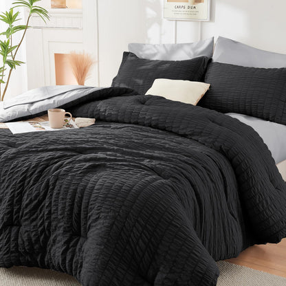 Full Comforter Set - 7PCS Bed in a Bag, Seersucker Bedding Set, Dark Grey