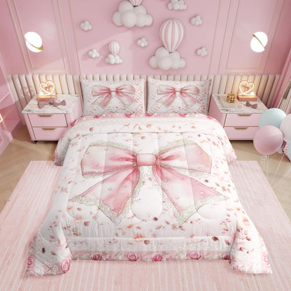 Erosebridal Cute Pink Bow Twin Bedding Set for Girls,Ribbon Bow Knot Comforter Set for Kids Kawaii Room Decor,Princess Bowknot Bed Set Girly Pink Bows Bedding Comforter Sets,1 Pillowcase