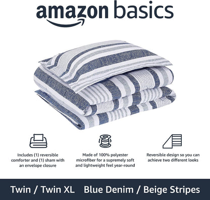 Amazon Basics Twin/Twin XL Size Ultra-Soft Lightweight Microfiber Reversible 2-Piece Bedding Comforter Set, Blue Denim/Beige Stripes