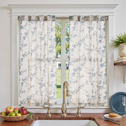 jinchan Floral Linen Kitchen Tier Curtains, 24 Inch, 2 Panels, Green