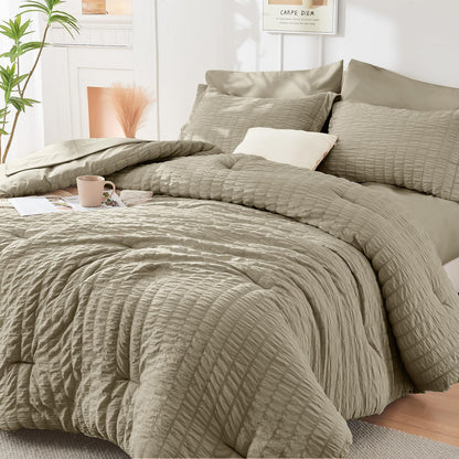 Full Comforter Set - 7PCS Bed in a Bag, Seersucker Bedding Set, Dark Grey