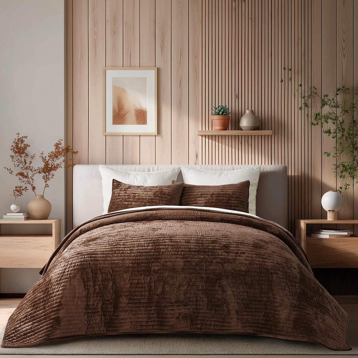 EverGrace Stripe Channel Luxury Velvet Quilt Set King Size, Beige Taupe