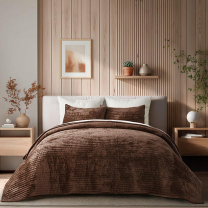 EverGrace Stripe Channel Luxury Velvet Quilt Set King Size, Beige Taupe