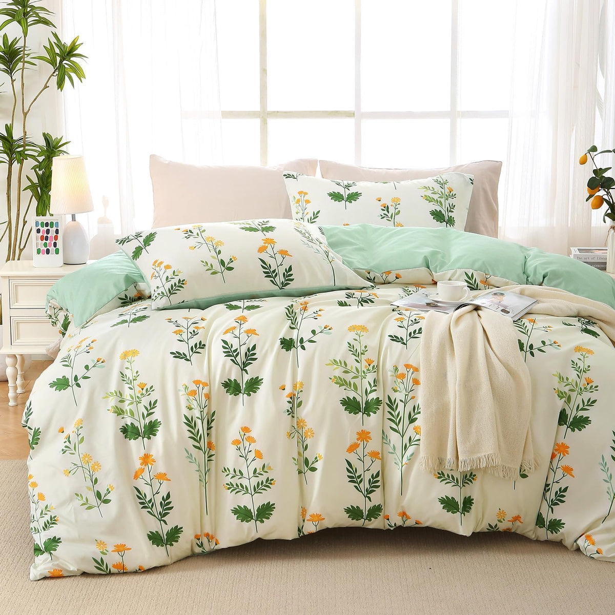 MUXHOMO Duvet Cover King Size, 3-Piece Floral Grey-Blue Bedding Set