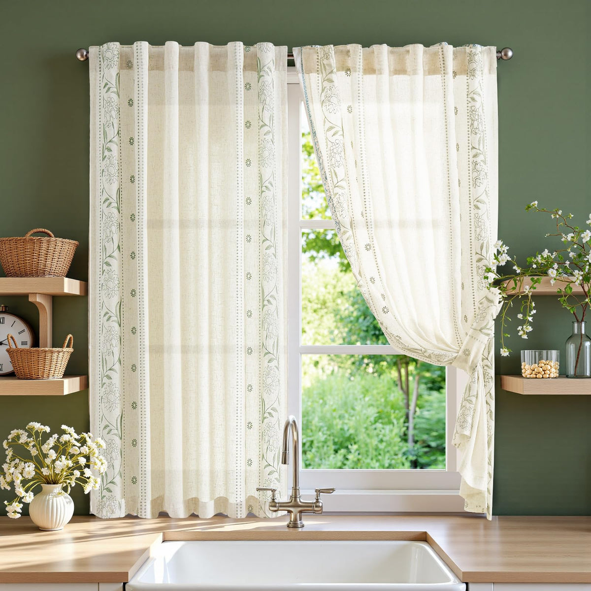 jinchan Beige Floral Linen Kitchen Tier Curtains 50x45 Inch 2 Panels
